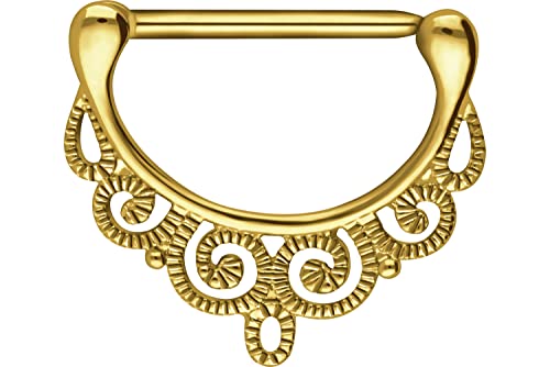 PIERCINGLINE 14G Surgical steel nipple piercing oriental design nipple jewelry barbell 1 PC - color: Gold, size: 16 mm bar length
