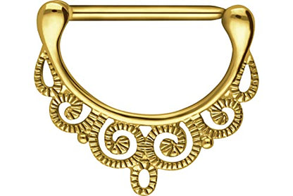 PIERCINGLINE 14G Surgical steel nipple piercing oriental design nipple jewelry barbell 1 PC - color: Gold, size: 16 mm bar length