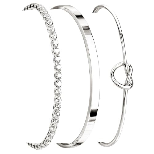925 Sterling Silver Bracelets for Women Stack, Trendy Tennis Bangle Cuff Jewelry Set 14K Gold Plated, Adjustable Bracelet Set for Wrist Essentials, Women Fashion Watch Band Acecessories - style: Bracelet_3pcs(Dainty Tennis Set1-Silver)