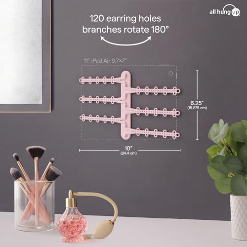 6-Tier Hanging Wall Jewelry Organizer, Earring, Necklace, Ring Holder-Pink | Large Capacity with 120 Earring Holes, Rotating Branches, Includes 3M Command Strips, Bracelet, Ring & Necklace Storage - color: 6-Tier Pastel Pink