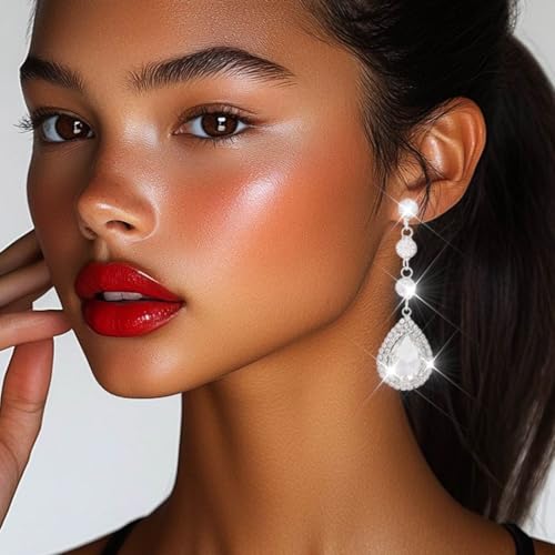 Catery Rhinestone Earrings Silver Crystal Teardrop Earrings Long Wedding Jewelry for Women - color: Silver