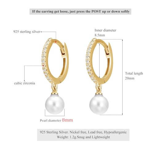 Solid 925 Sterling Silver Faux Pearl Dangle Hoop Earrings for Women, Dainty Drop Huggie Earrings with Charm Jewelry Gift for Her - color: Gold