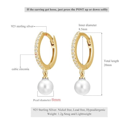 Solid 925 Sterling Silver Faux Pearl Dangle Hoop Earrings for Women, Dainty Drop Huggie Earrings with Charm Jewelry Gift for Her - color: Gold