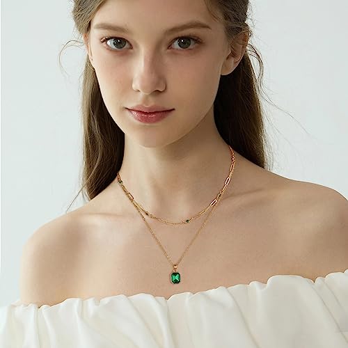 Gold Layered Necklaces for Women, 18k Gold Plated Crystal Necklace Paperclip Choker Emerald Green Jewelry for Women Gifts - color: Green