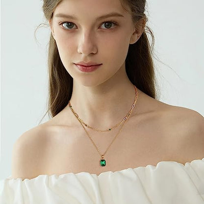 Gold Layered Necklaces for Women, 18k Gold Plated Crystal Necklace Paperclip Choker Emerald Green Jewelry for Women Gifts - color: Green