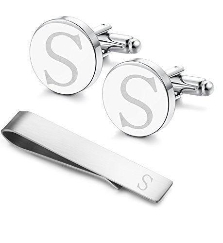 Initial Cuff Links Mens and Tie Clips for Men | Classic Silver Letter Alphabet A-Z Cufflinks and Tie Bar Set, Gifts for Men Father Husband for Formal Business Wedding - style: S