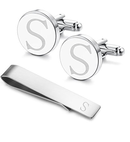 Initial Cuff Links Mens and Tie Clips for Men | Classic Silver Letter Alphabet A-Z Cufflinks and Tie Bar Set, Gifts for Men Father Husband for Formal Business Wedding - style: S