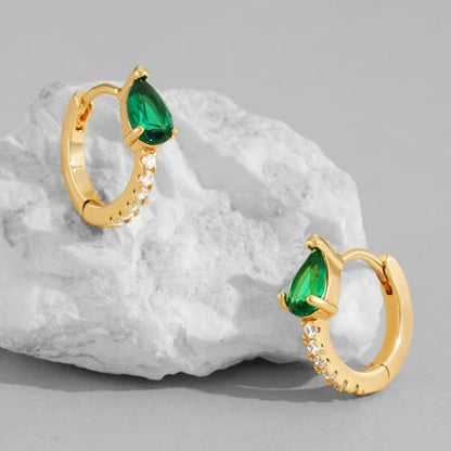Dremmy Studios Dainty CZ Huggie Hoop Earrings 14K Gold Plated Chunky Simple Cute Thick Round Frill Bead Ball Starburst Cuff Earrings Cubic Zirconia Hoop Earrings Minimalist Personalized Gift for Her - color: A-CZ Emerald