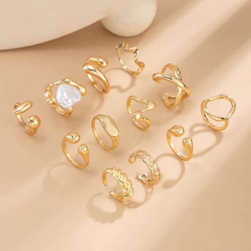 CSIYANJRY99 Gold Silver Rings Set for Women Trendy Irregular Chunky Gold Ring Baroque Pearl Rings Stackable Statement Knuckle Ring Jewelry - color: D-Gold