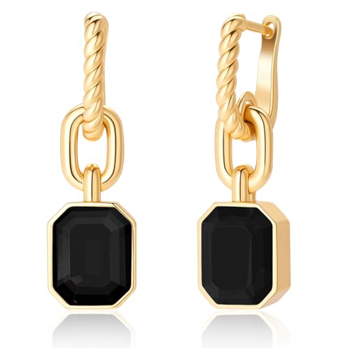 Birthstone Crystal Dangle Drop Earrings, 18K Gold Plated Huggie HoopEarring | Hypoallergenic Earring Jewelry Gifts for Women, Birthdays, anniversaries, weddings - color: Black-Hoop