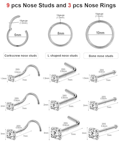 AMASIS Nose Rings and Nose Studs Set, Stainless Steel Hinged Nose Hoops and CZ Studs, Select Sizes and Styles for Nostril Septum Cartilage Piercing Jewelry - color: Silver, size: 12-Piece,Hoops and Studs Sets