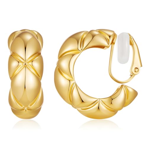 WOWORAMA Chunky Gold Hoop Clip On Earrings for Women | Large Chunky Hoops Clips Earrings, Polished Gold-Plated Clip-On Hoops, Statement Non Pierced Jewelry - color: 25mm Wide Hoops