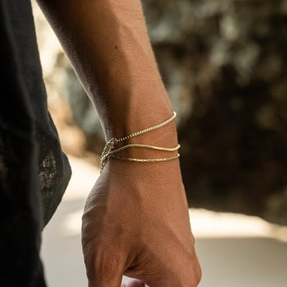 Mens Bracelet - Dainty Gold/Silver Chain Bracelet Stack 14K Gold Plated Silver Bracelets for Men Stainless Steel Adjustable Cross Charm Cuban Link Bracelet Snake Jewelry Set to Men Dad Birthday Day - color: Gold, size: 8+2 Inch