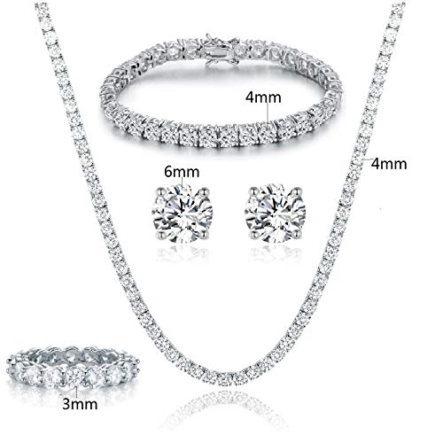18K White Gold Plated Tennis Necklace/Bracelet/Earrings/Band Ring Sets Hypoallergenic Jewelry Pack of 4 - color: White