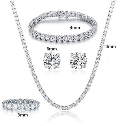 18K White Gold Plated Tennis Necklace/Bracelet/Earrings/Band Ring Sets Hypoallergenic Jewelry Pack of 4 - color: White