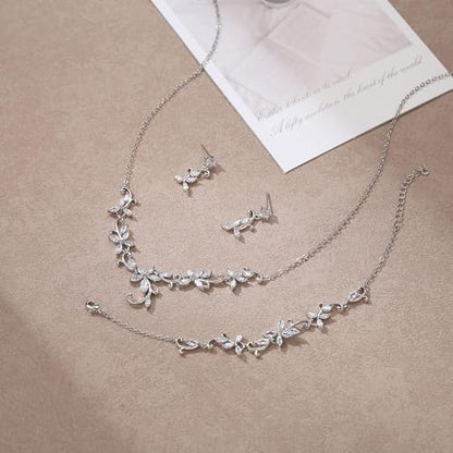 Crysdue Flower Leaf Wedding Jewelry Set for Bridal Bridemaid, Cubic Zirconia Teardrop Elegant Silver/14K/Rose Gold Plated Vine Necklace Dangle Earrings for Prom Party - style: B_Three Set Silver Tone