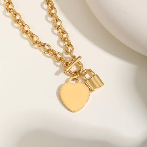 VNOX Personalized Initial Name Stainless Steel Trendy Cable Chain Bracelet Neckalce Set with Padlock Heart Charm and Toggle Clasp Closure - color: Gold Necklace