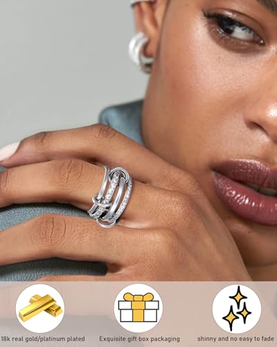 Gold Silver Stackable Rings for Women Mixed Metal Interlocked Ring Stack | Multi Ring set non tarnish 14K Gold Plated Cubic Zirconia Fashion trendy Two Tone Connected Bands Statement rings Size 4-11 - color: 02-Silver 4 rings