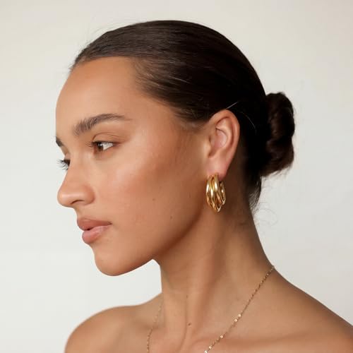 Chunky Gold Hoop Earrings for Women 14k Gold Plated Thick Triple Earrings | Hypoallergenic Trendy Chunky Gold Hoops Earrings,Dainty Jewelry Gifts for Women - style: 30MM/tripe hoop earrings