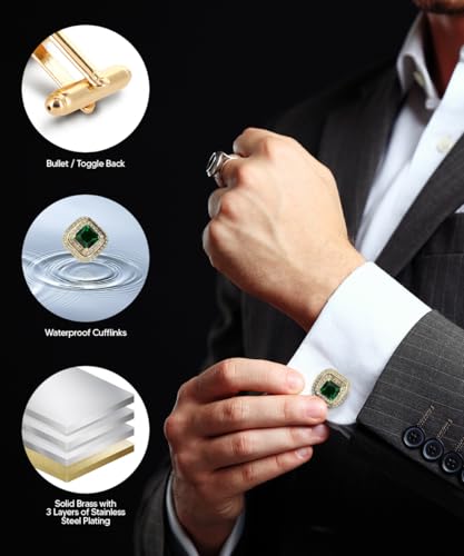 Square Colored Crystal Double Diamond Set Cufflinks - color: Emerald/Gold