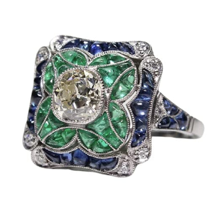 Yuren 925 Sterling Silver Vintage Emerald Ring Blue Sapphire White Topaz Ring Women Wedding Fashion Jewelry Size 6-10