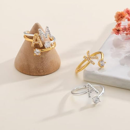 KOHOTA Gold Silver Initial Rings for Women Non Tarnish Adjustable Ring | 14K Gold Plated Stackable Ring for Women Trendy, Letter CZ Thumb Pinky Ring, Dainty Open Birthday Jewelry Gifts - color: GOLD-Q