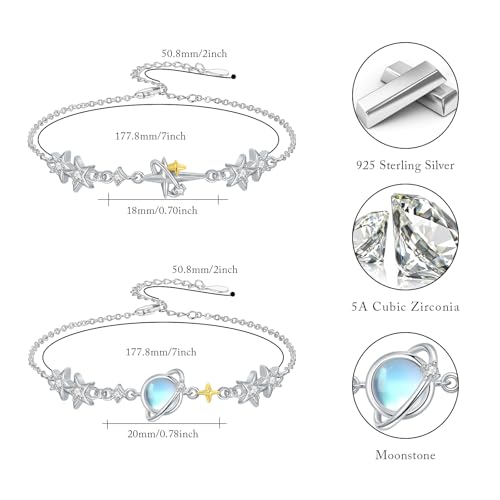 Moonstone Bracelet for Women 925 Sterling Silver Moonstone Bracelet Adjustable Jewelry Gift for Women - style: Stars and Planets Bracelet