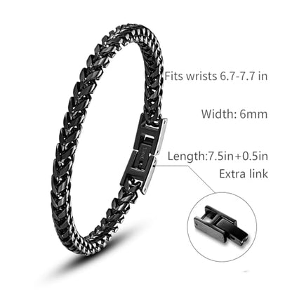 Mens Bracelet - Stainless Steel Fold Over Clasp Franco Chain Bracelets for Men - color: G-Black