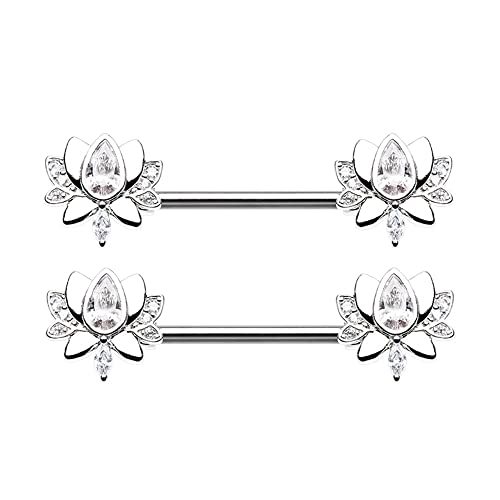 Pierced Owl 14GA Stainless Steel CZ Crystal Blooming Lotus Flower Nipple Barbells, Sold as a Pair - style: Silver Tone