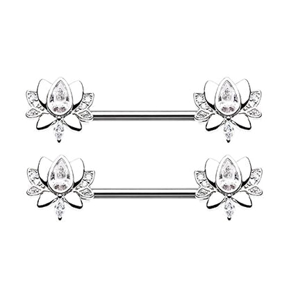 Pierced Owl 14GA Stainless Steel CZ Crystal Blooming Lotus Flower Nipple Barbells, Sold as a Pair - style: Silver Tone