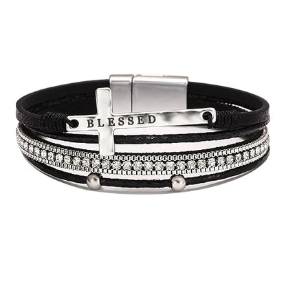 Fesciory Leather Wrap Bracelet for Women, Boho Western Layered Cuff Jewelry | Stackable Bracelets, Easy-On Clasp, Daily Wear, Pairs with Boho Western Outfits, Gift for Women - color: Black13