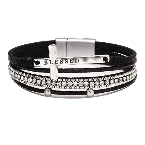 Fesciory Leather Wrap Bracelet for Women, Boho Western Layered Cuff Jewelry | Stackable Bracelets, Easy-On Clasp, Daily Wear, Pairs with Boho Western Outfits, Gift for Women - color: Black13