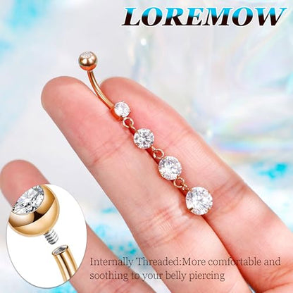 14G G23 Pure Titanium Dangle Belly Button Rings for Women Dangling Belly Ring Curved Barbell Internally Threaded Navel Rings CZ Navel Piercing Jewelry - color: Rose Gold