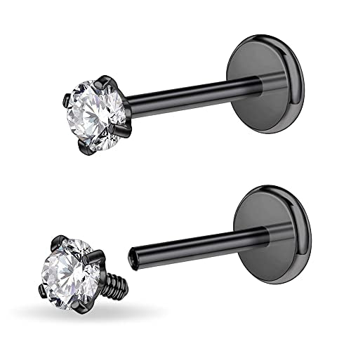 PunkTracker 16g/18g Surgical Steel Internal Thread CZ Stud Piercing Jewelry | for Tragus/Nose/Helix/Conch/Medusa/Lip/Labret - Helix Tragus Cartilage Earring for Women Men 2PCS - style: black, 16g, 8mm bar, 3mm gem
