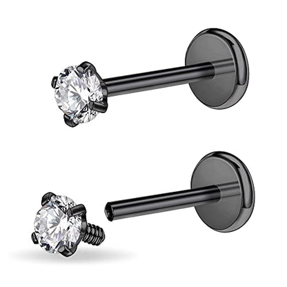 PunkTracker 16g/18g Surgical Steel Internal Thread CZ Stud Piercing Jewelry | for Tragus/Nose/Helix/Conch/Medusa/Lip/Labret - Helix Tragus Cartilage Earring for Women Men 2PCS - style: black, 16g, 8mm bar, 3mm gem