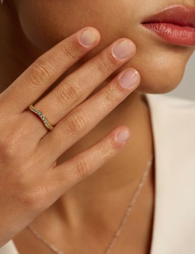 EAMTI 925 Sterling Silver Wedding Bands for Women Cubic Zirconia Wave Stackable CZ Curved Eternity Engagement Promise Gold Rings Size 4-10 - color: Brass-Gold