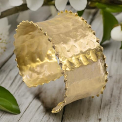 Gold Brass Statement Ornate Cuff Bracelet | Fluted Edges, Polished Hammered, Concave Design, Luxury