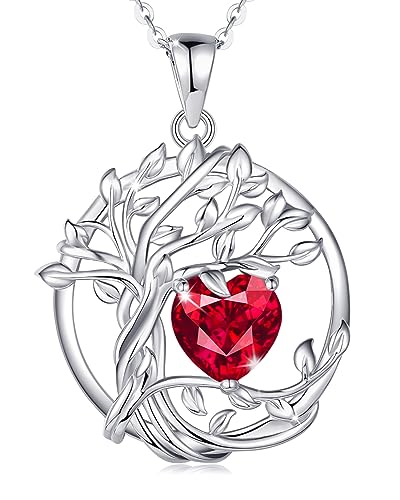 FANCIME Tree of life Birthstone necklace Sterling Silver Pendant Birthstone Necklace Gemstone Anniversary Birthday Jewelry Mothers Day Gifts for Mom Her Wife - color: Jul.-Ruby
