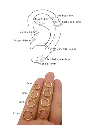 316L Surgical Stainless Steel Hoop Earrings,Mens Hoops Earrings Gold Silver Black Hypoallergenic,6mm 8mm 10mm 12mm Small Huggie Hoop Earrings Men Women for Cartilage Piercings - style: 6/8/10/12mm Golden,4 Pairs