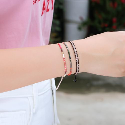 KELITCH Women Friendship Bracelet Seed Beads Miyuki Thin Strand Bracelets Adjustable Boho Jewelry - color: Red 88A