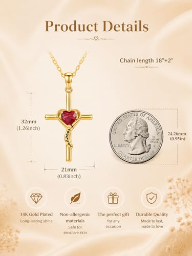14K Gold Cross Necklace for Women Dainty Birthstone Pendant | Heart I Love You Romantic Jewelry Anniversary Christian Religious Baptism Birthday Gifts with 18"+2" Adjustable Chain - color: 14K Gold-07-Jul Birthstone