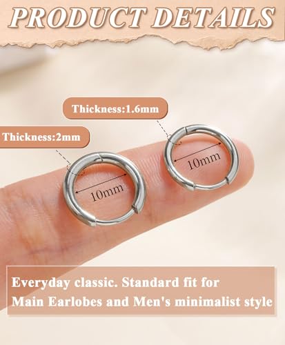 Surgical Steel Huggie Hoop Earrings & Flat Back Studs for Women Men, 6mm-14mm Small Hoops for Cartilage Helix Tragus Lobe, 1-10 Pairs Multiple Piercing Jewelry Set for Sensitive Ears - style: 1Pair,SIlver,10mm(THK:1.6mm)