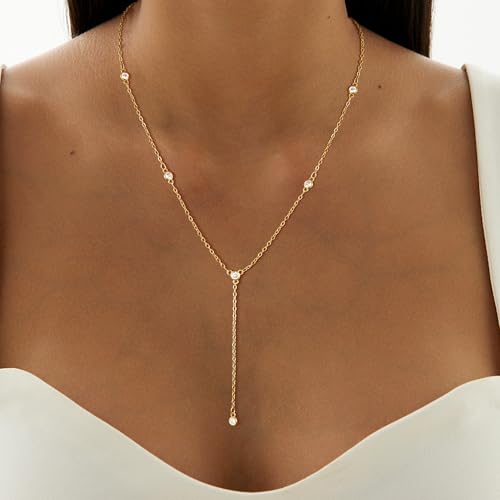 CAROVO Gold Necklace for Women Dainty Long Necklace 14K Gold/Silver Lariat Y-Shaped Pendant Necklaces Trendy Layered Lip Cubic Zirconia Beaded Chain Drop Necklaces Jewelry for Women Gifts - color: Gold, style: E: Gold Y Necklace CZ-774