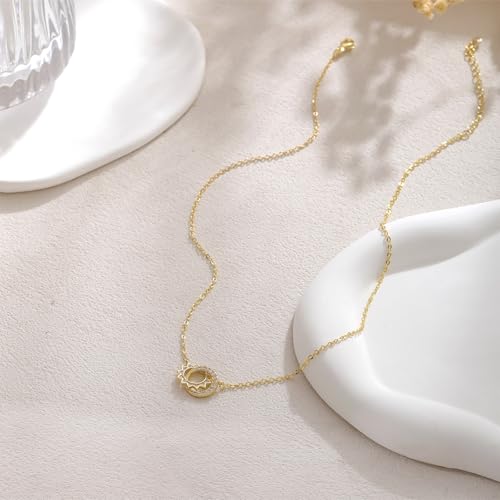 Gold Necklace for Women, Dainty 14K Gold Plated Pendant Necklaces for Women Trendy Simple Choker Chain Cubic Zirconia Circle/Interlocking/Sun/Pearl Necklace Fashion Jewelry Charm Gifts - color: Sun CZ Double Circle