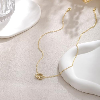 Gold Necklace for Women, Dainty 14K Gold Plated Pendant Necklaces for Women Trendy Simple Choker Chain Cubic Zirconia Circle/Interlocking/Sun/Pearl Necklace Fashion Jewelry Charm Gifts - color: Sun CZ Double Circle
