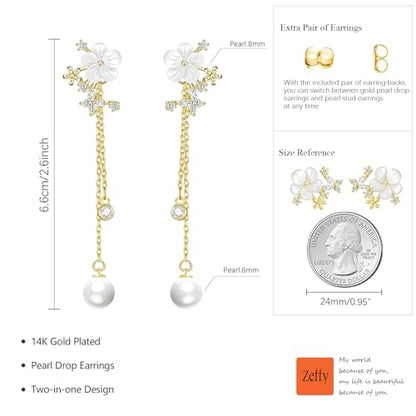 Pearl Earrings for Women 14k Gold/Silver Pearl Drop Earrings Long White Pearl Tassel Dangle Statement Earrings Bridal Wedding Dainty Prom Earrings Birthday Gifts Jewelry - color: Gold CZ Flower Pearl Drop Earrings