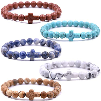 Beaded Bracelets Cross Bracelet for Women Men Lava Rock Turquoise Tiger Eye Natural Bracelet Anxiety Healing - color: 5Pcs-coloured cross