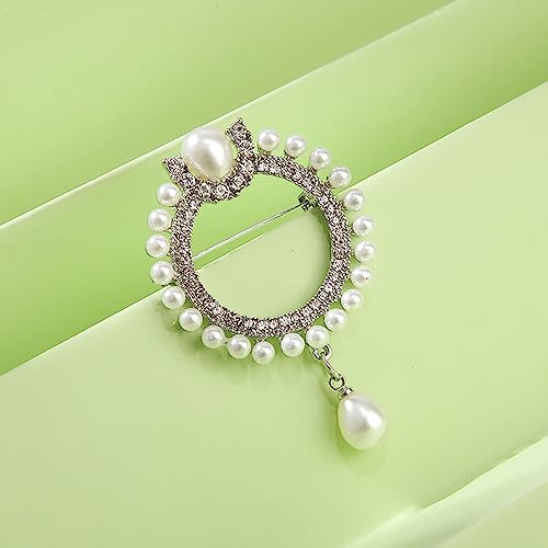 Elegant CZ Cubic Zirconia Round White Simulated Pearl Circle Brooch Pin for Women Wedding