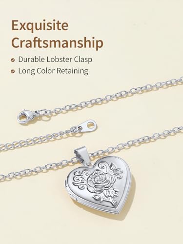 FindChic Locket Necklace for Women Custom Photo Memorial Gifts 4 Colors | Silver/Black/Rose Gold/Gold Plated Personalized for Loved Ones, Birthday Valentine's Day Keepsake - style: 12. Rose Relief (DIY)-Silver