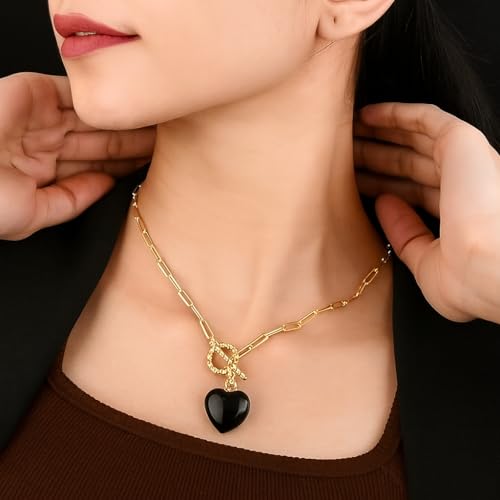 Gempires Gemstone Heart Pendant Necklace for Women, Gold Toggle Birthstone | Handmade gemstone heart pendant necklace — choose from 11 stones and birthstones, gold toggle paperclip chain. - color: Black Obsidian